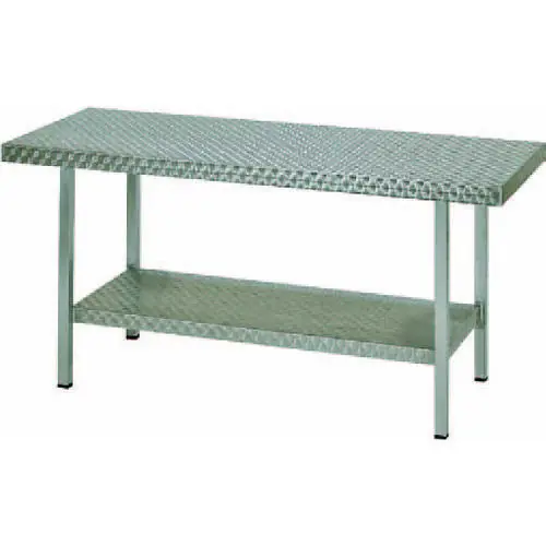 Packarbeitstisch Reinaluminium, L 1200 x B 700 x H 850 mm, geschweißte Ausführung, Tischplatte allseitig abgekanntet, Oberfläche mit maschinellem Rundschliff, Tischuntergestell mit Ablageboden und herausdrehbaren Füßen Jetzt Bestellen